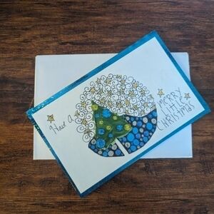 🌻5/$20 Handmade Christmas Tree Zentangle Card-Green,Yellow,Blue- Glitter/Stars